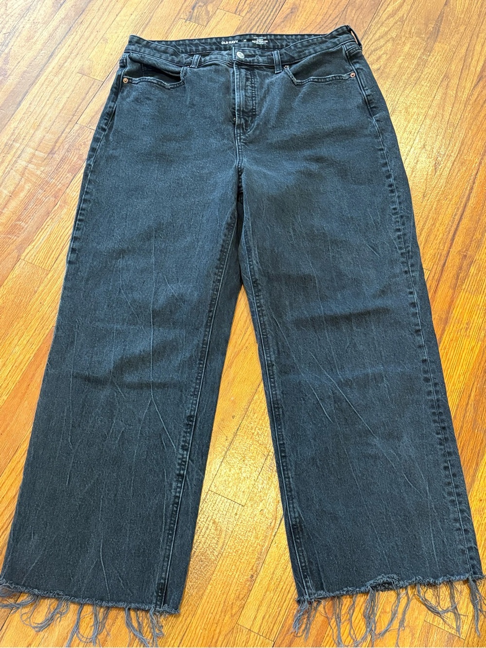 Old Navy Black Relaxed Wide-Leg Jeans with Frayed Hem 14 tall